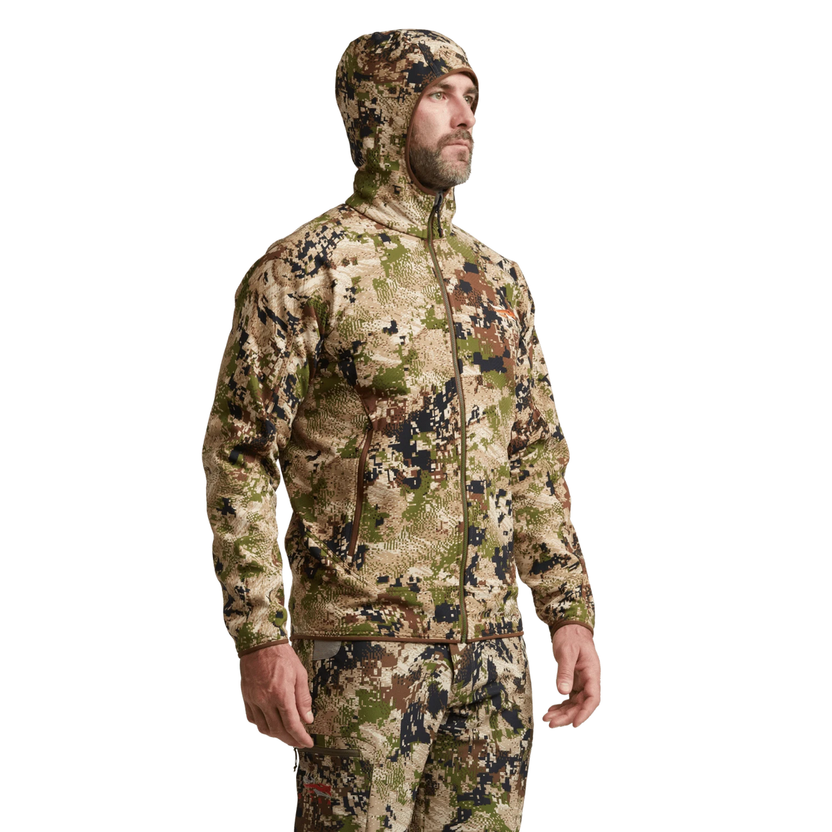 Alpha fleece hooded jacket worn by model, camouflage print, full-zip, hood and cuffs