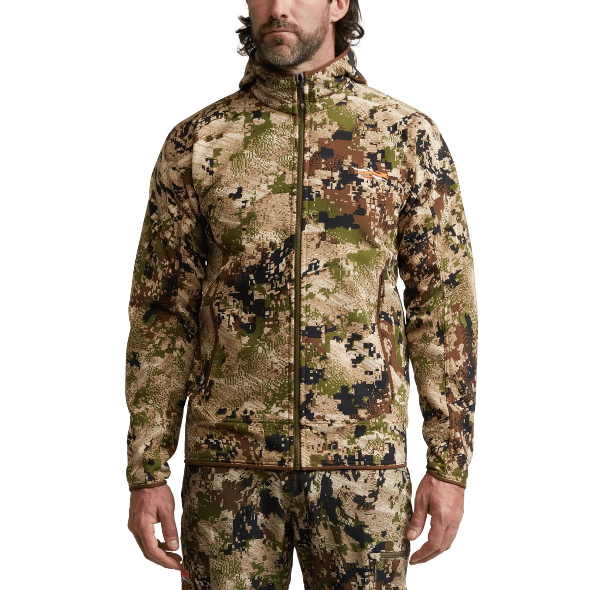 Alpha fleece hooded jacket camouflage print, full-zip front, kangaroo pocket hem trim