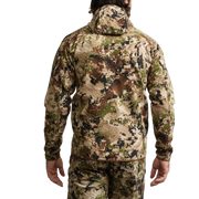 Alpha fleece hooded jacket back view, camouflage print, hood up, ribbed cuffs