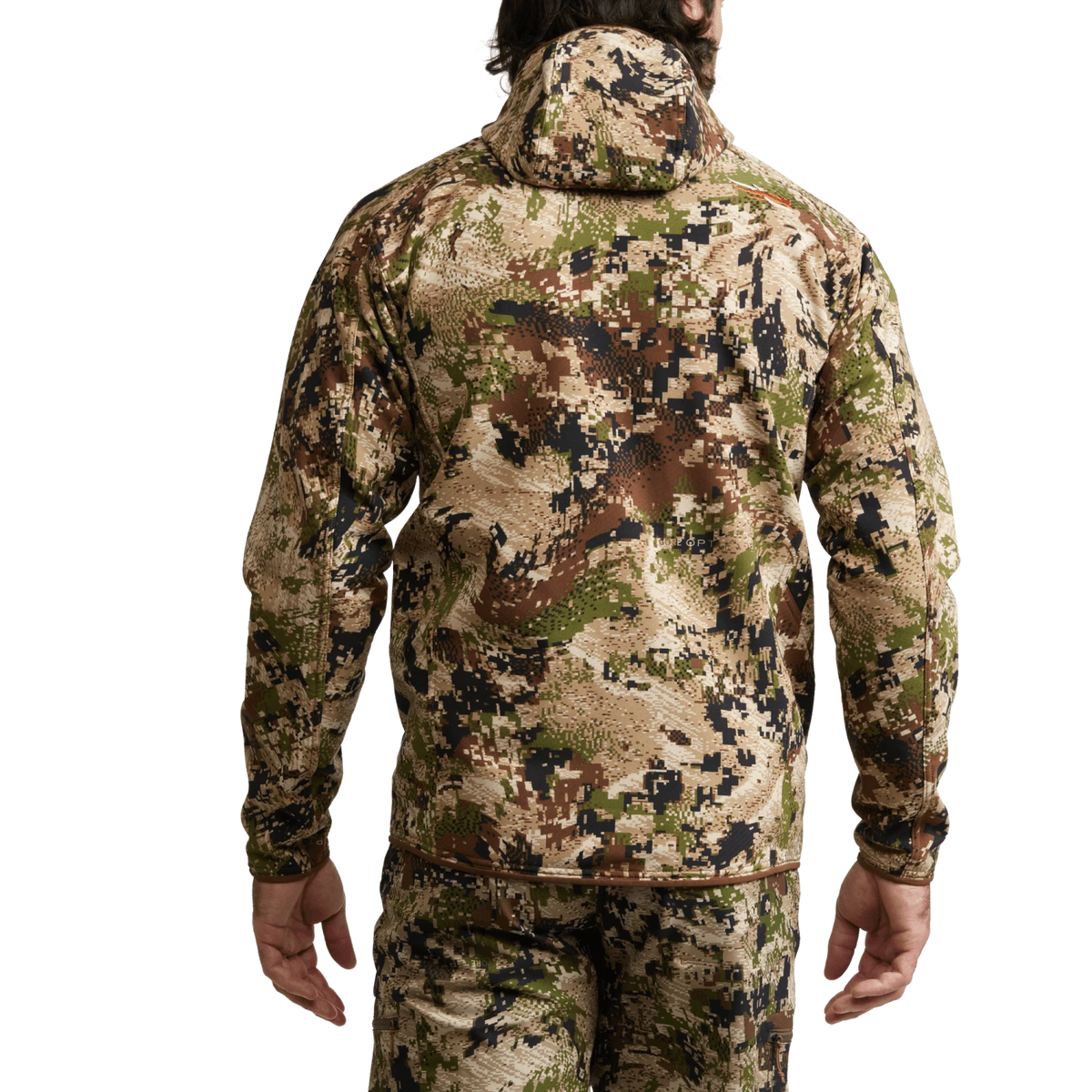 Alpha fleece hooded jacket back view, camouflage print, hood up, ribbed cuffs