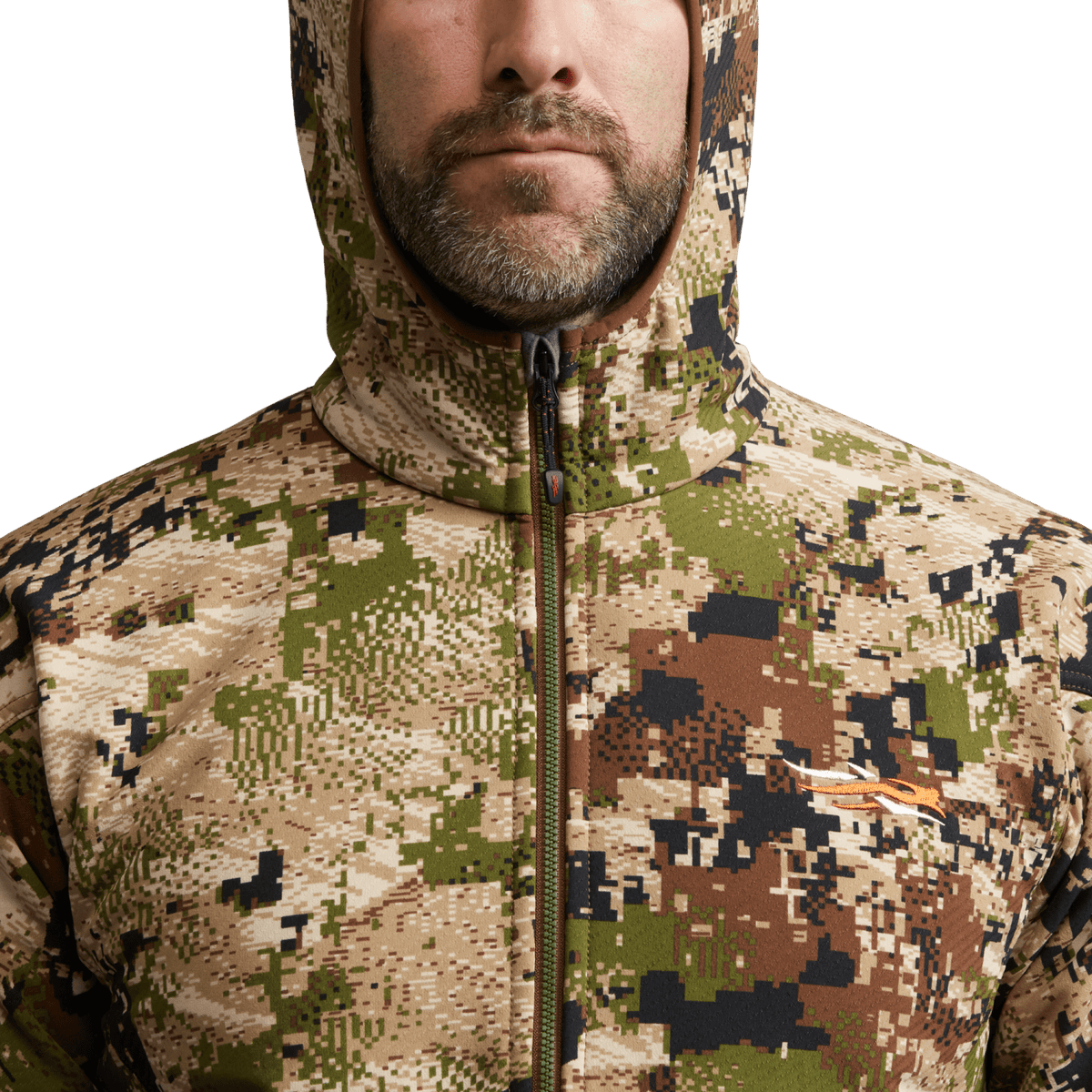 Alpha fleece hooded jacket close-up at hood and face, camouflage pattern, front zipper
