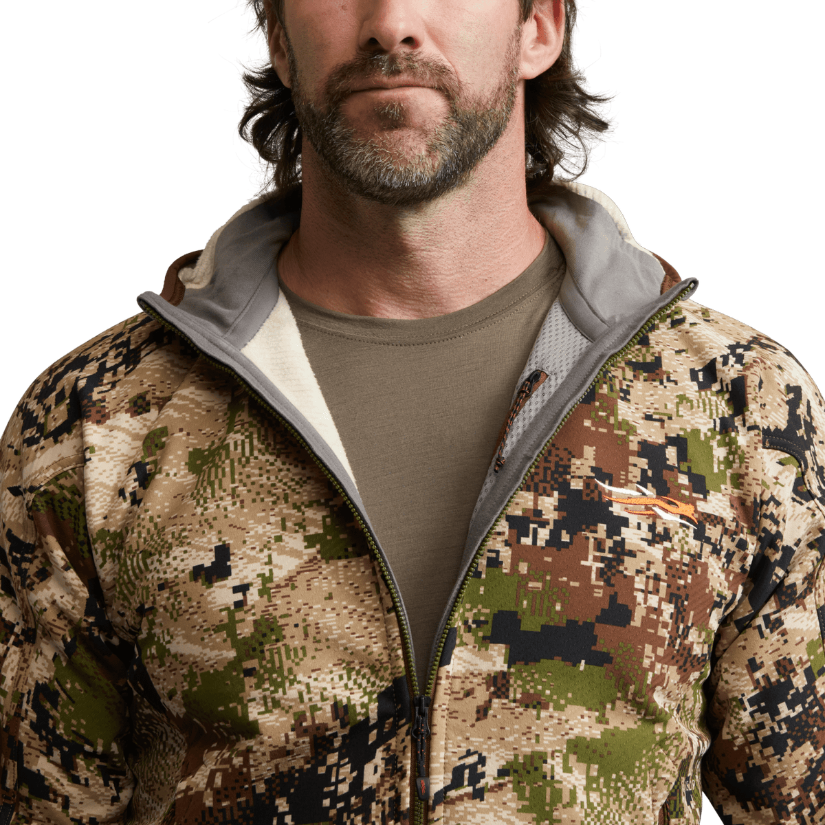 Alpha fleece hooded jacket collar detail, camouflage print, gray inner lining at neckline