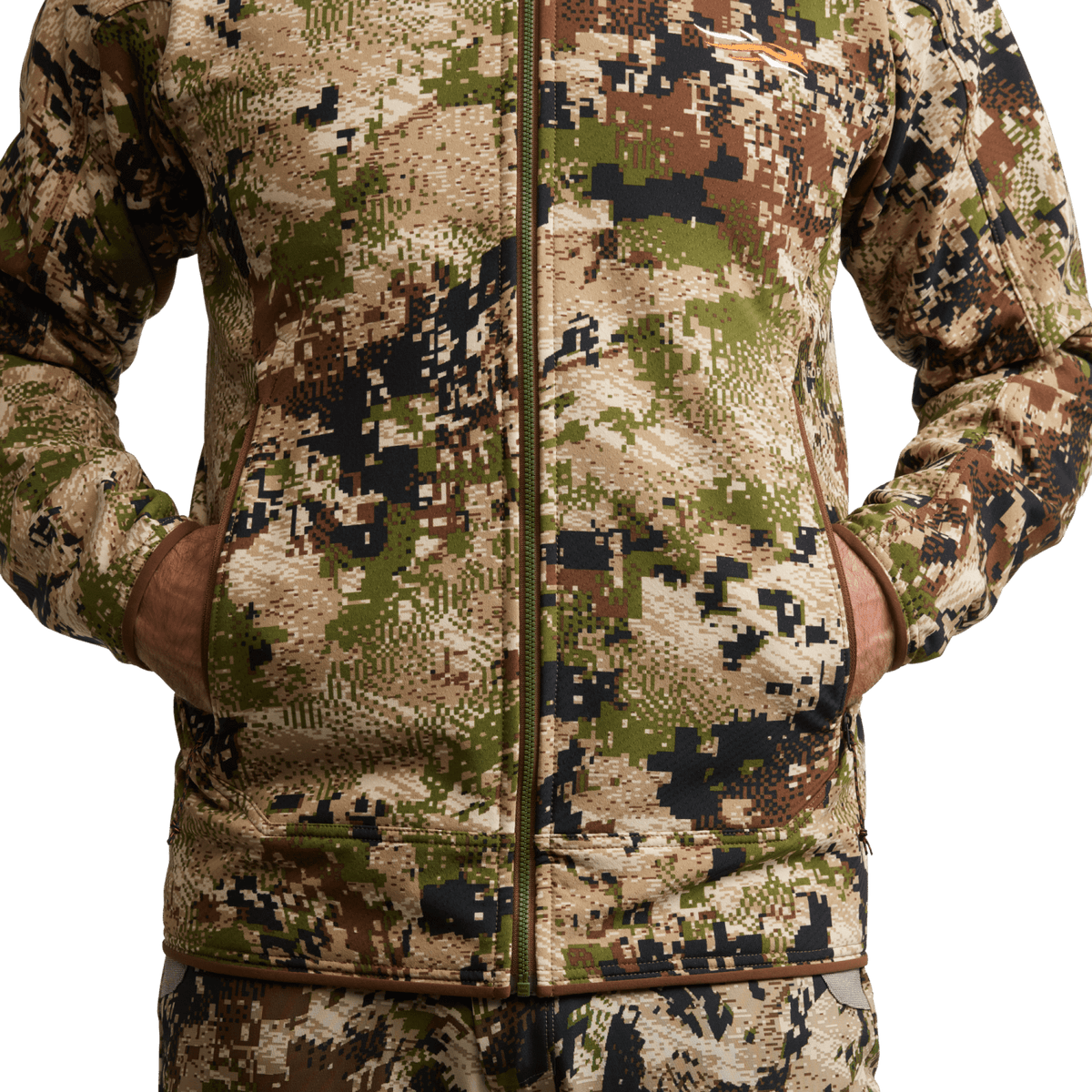 Alpha fleece hooded jacket close-up, camouflage print, center zipper and waist trim