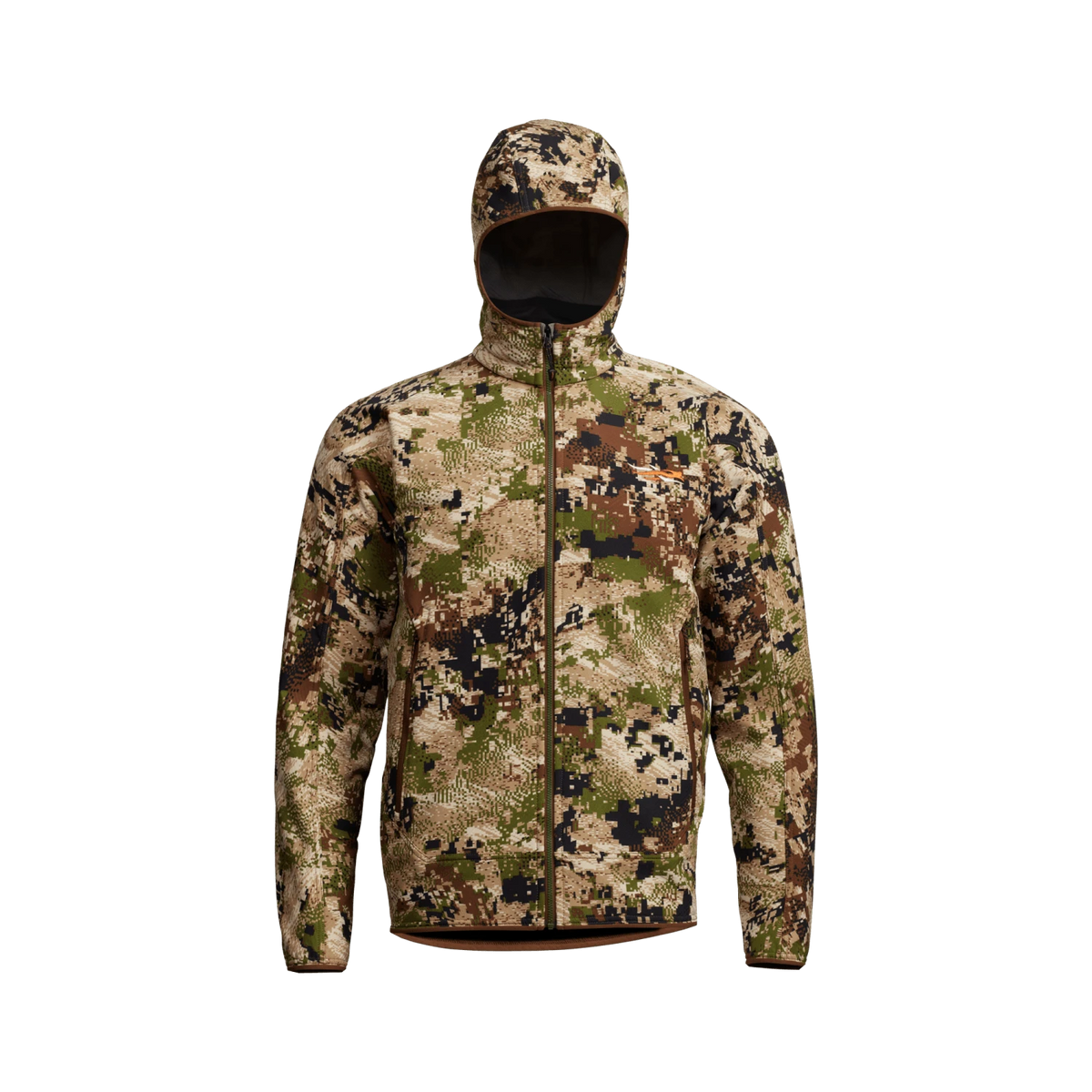 Alpha fleece hooded jacket in camouflage print, full-zip front, hood up, zip pockets