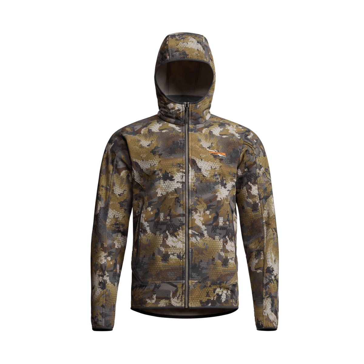 Desert camouflage fleece hooded jacket with front zipper and adjustable hood