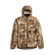 Alpha fleece hooded jacket, front view camo fleece with zip closure and hood opening