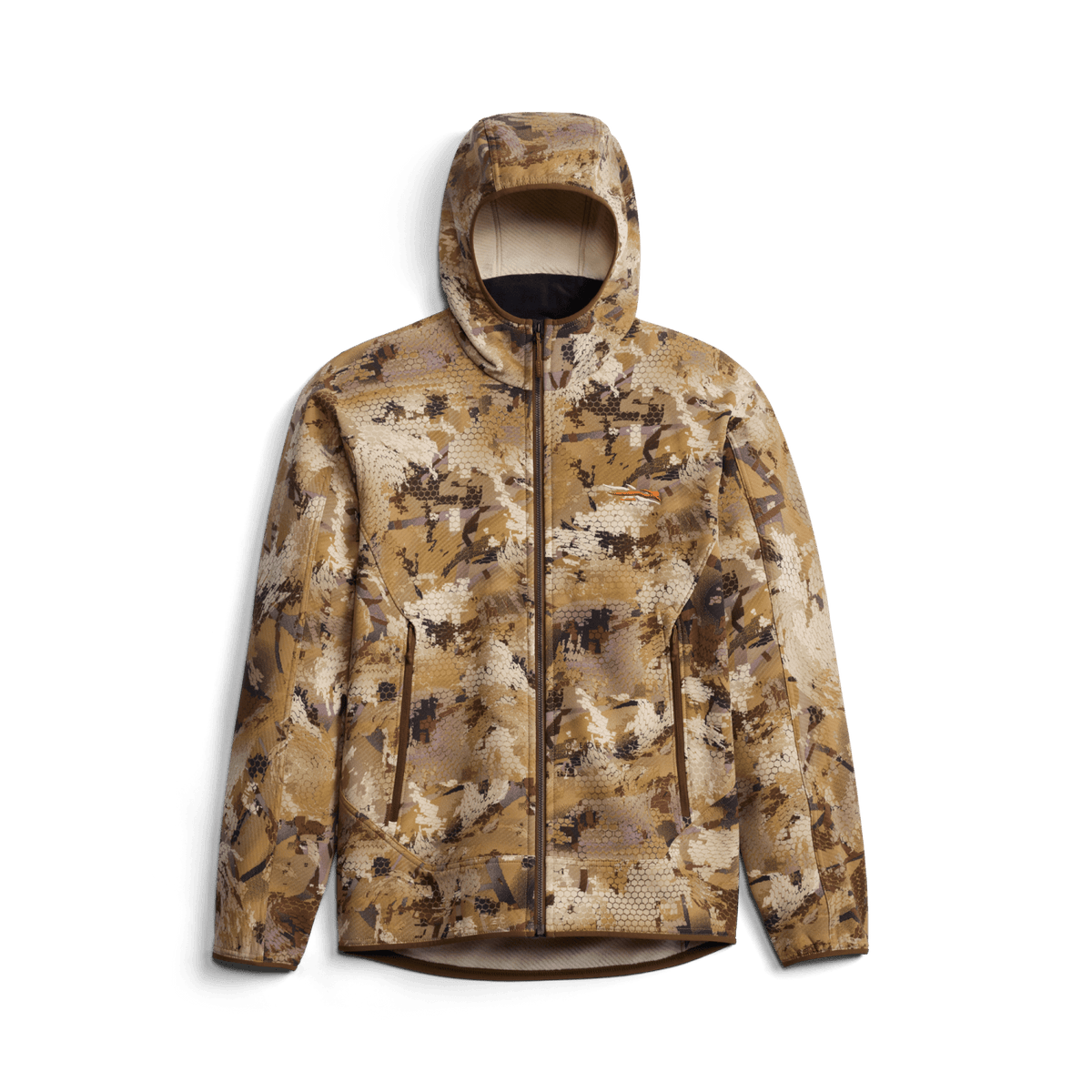 Alpha fleece hooded jacket, front view camo fleece with zip closure and hood opening