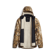 Alpha fleece hooded jacket, open front shows black lining and light inner panel