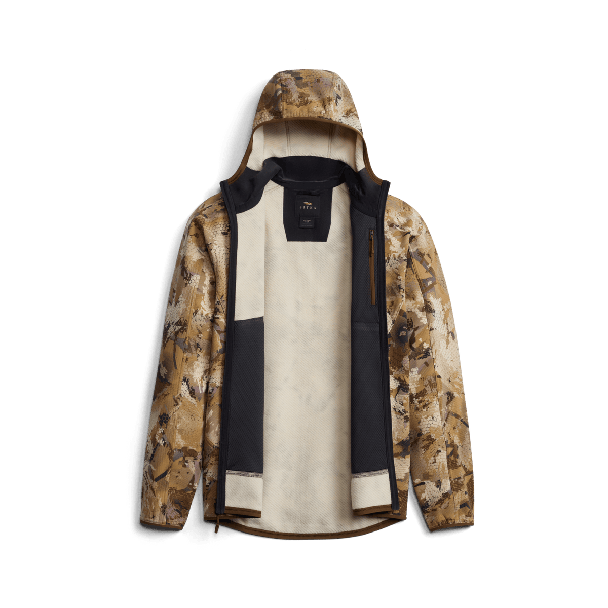 Alpha fleece hooded jacket, open front shows black lining and light inner panel