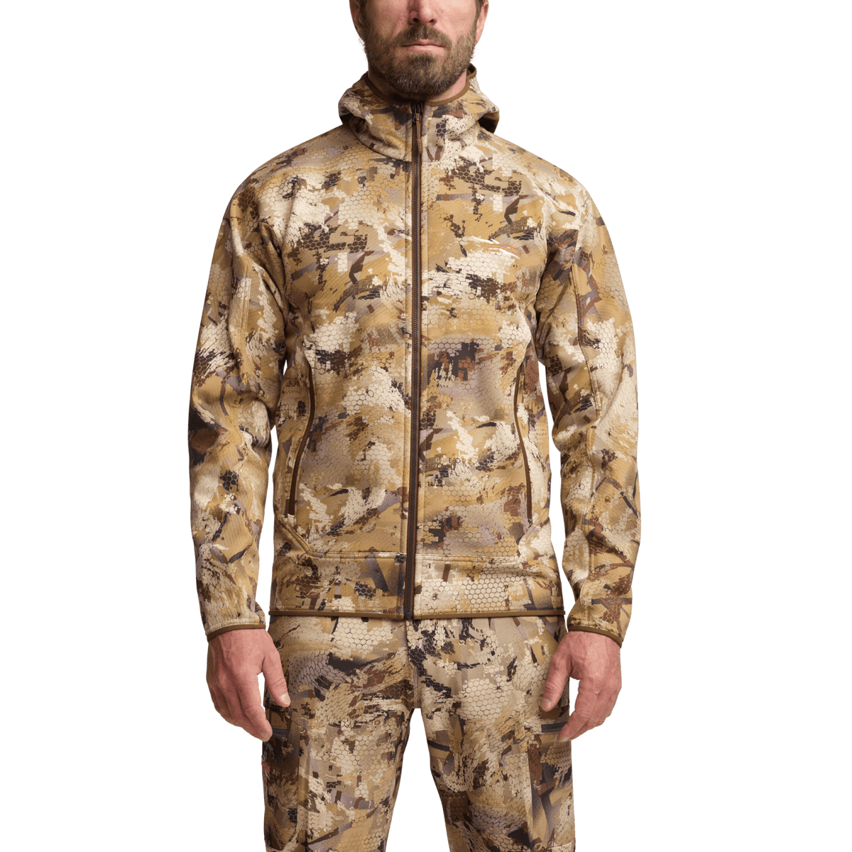 Alpha fleece hooded jacket, camo zip-up with hood and two front pockets