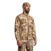 Alpha fleece hooded jacket, tan-brown camouflage with full zipper and adjustable hood