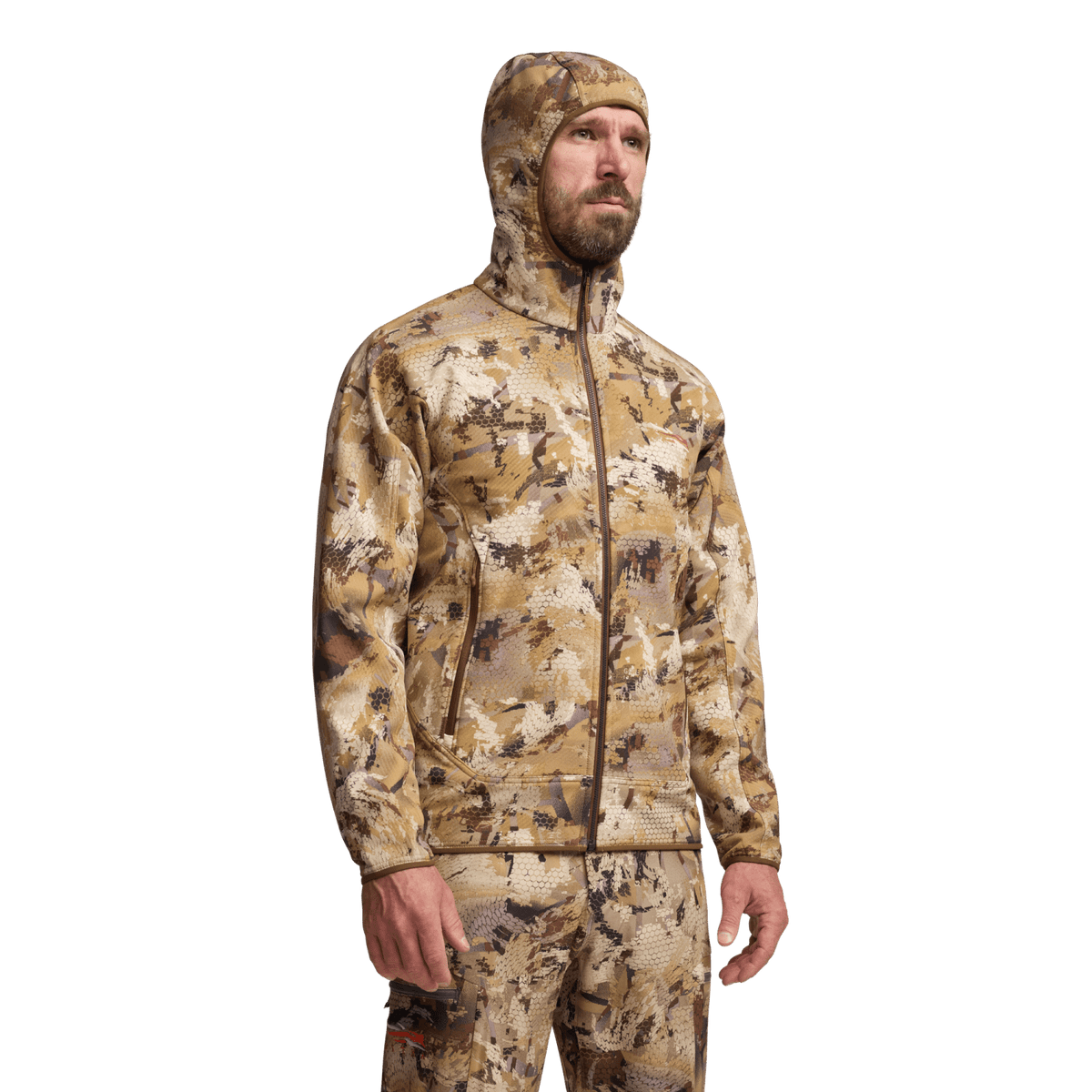 Alpha fleece hooded jacket, tan-brown camouflage with full zipper and adjustable hood