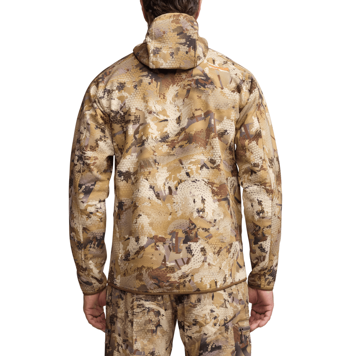 Alpha fleece hooded jacket, back view camo fleece with hood and zip vent