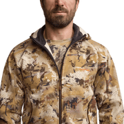 Camo fleece hooded jacket, full-zip front with stand collar, tan and brown