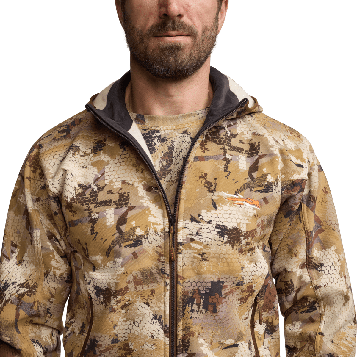 Camo fleece hooded jacket, full-zip front with stand collar, tan and brown