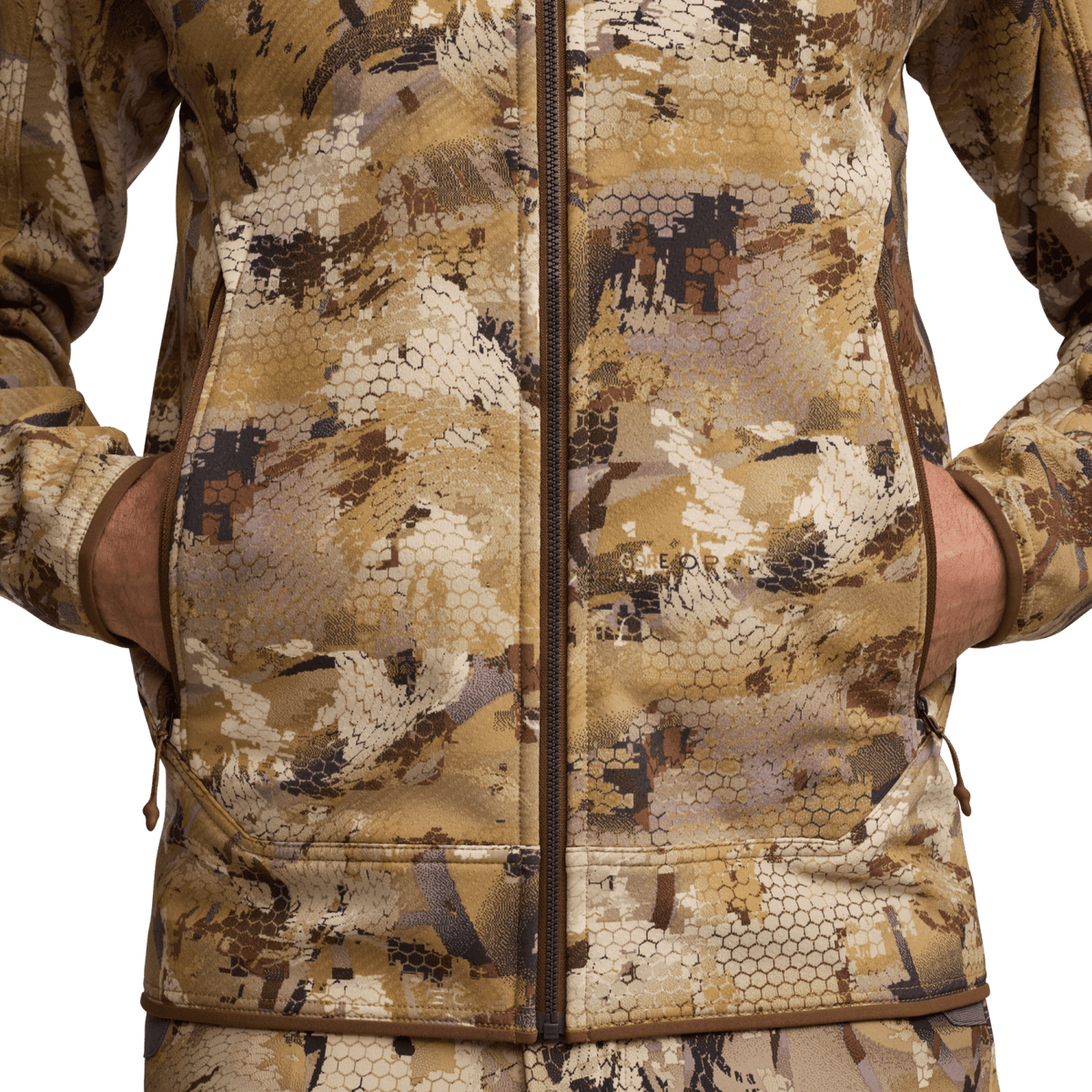 Camo fleece hooded jacket with full-zip front and chest pocket, tan and brown