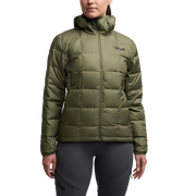 Women’s olive green hooded microdown jacket with full-zip and quilted baffles.