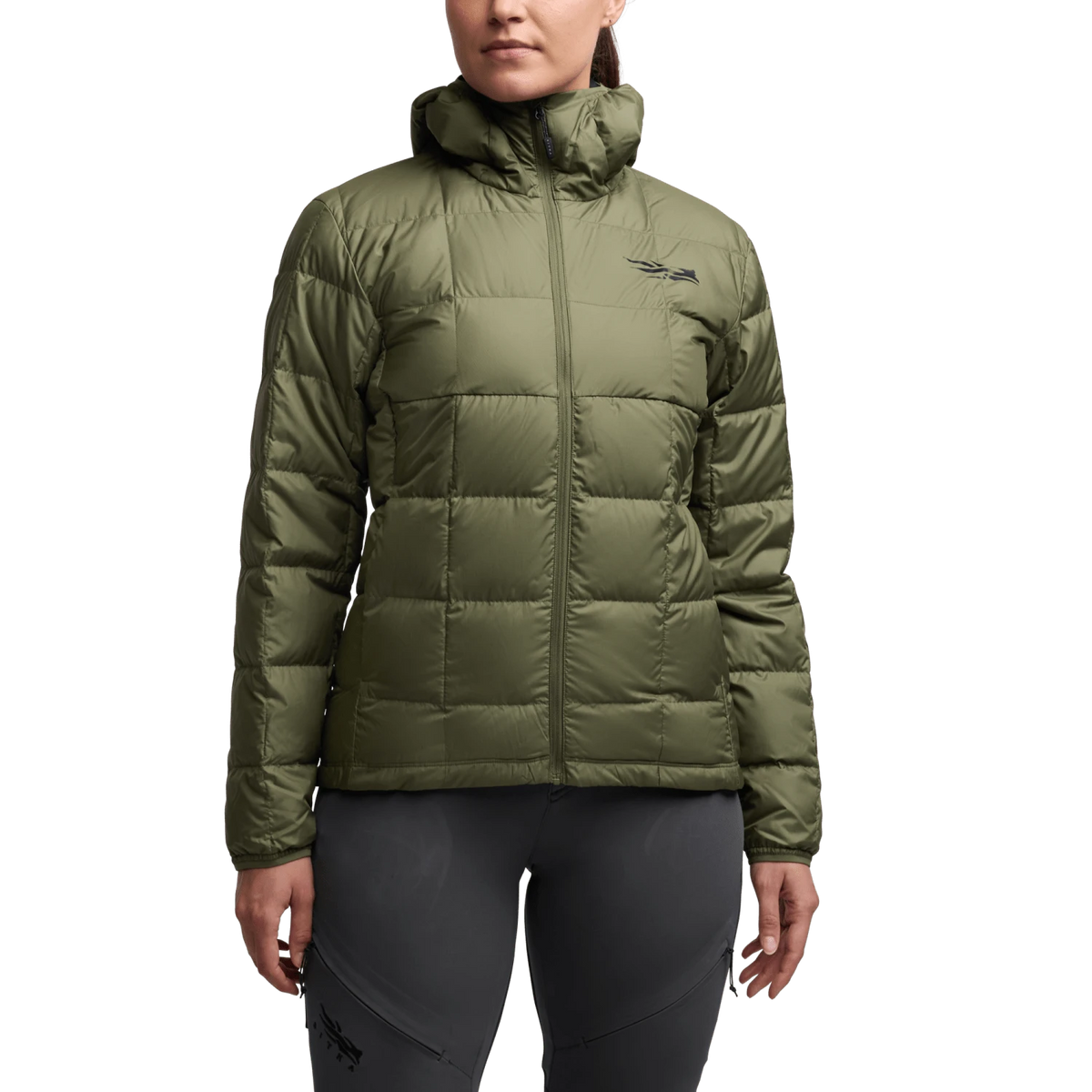 Women’s olive green hooded microdown jacket with full-zip and quilted baffles.