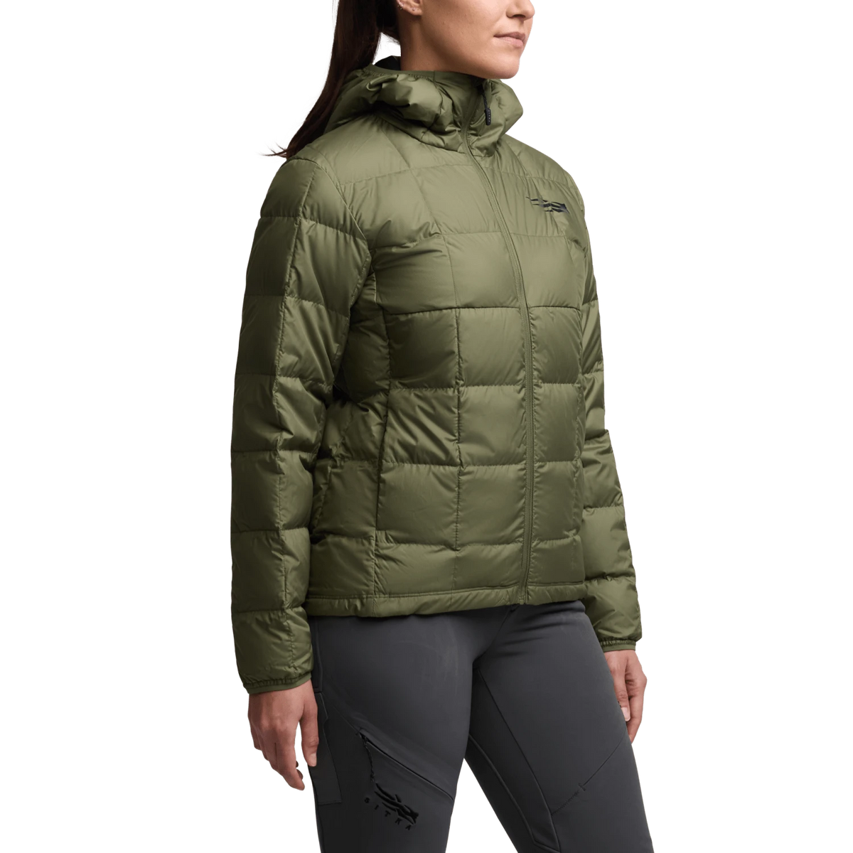 Women’s microdown hooded puffer jacket in olive green, side view, quilted panel seams