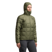Olive green hooded microdown jacket with full-zip and quilted insulation.