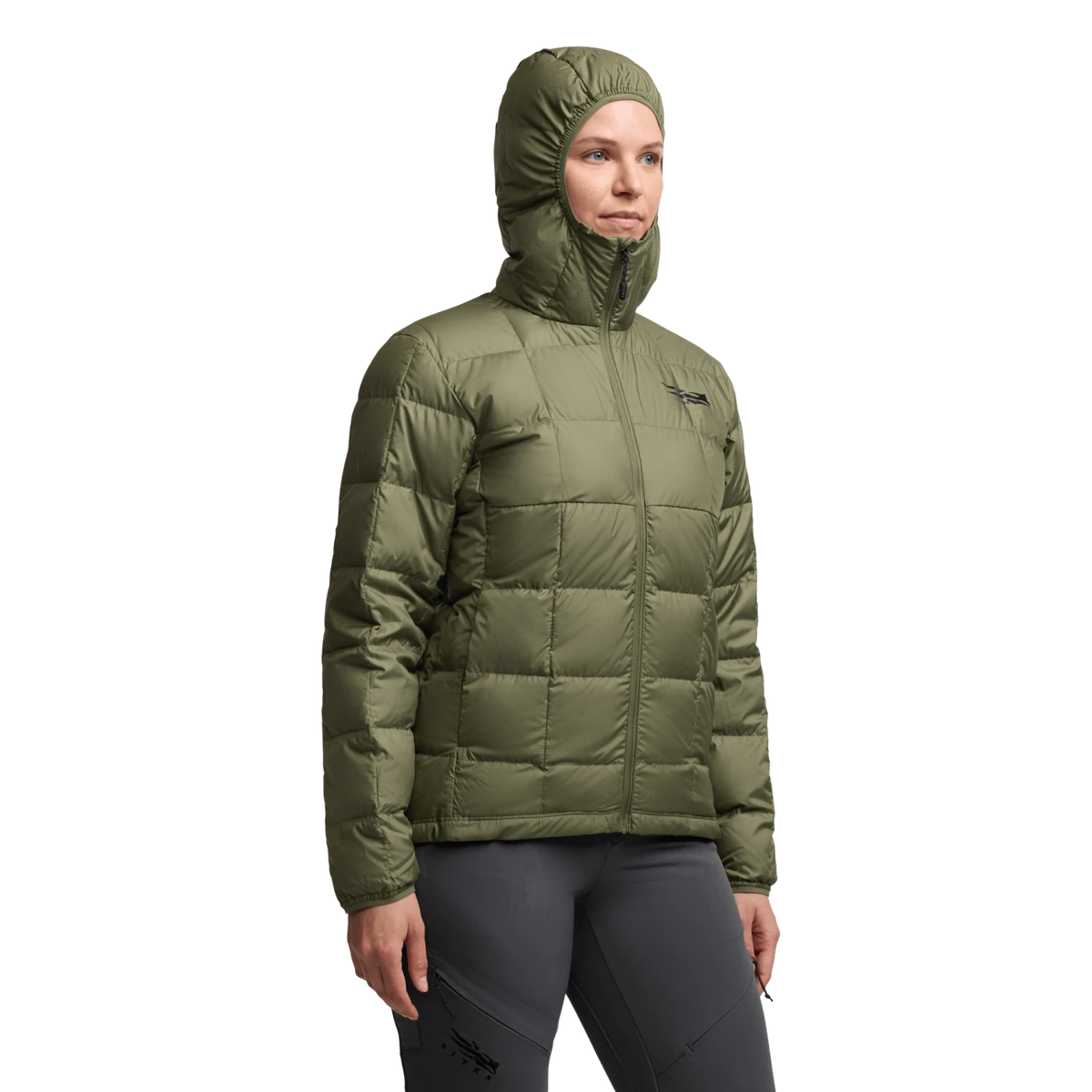 Olive green hooded microdown jacket with full-zip and quilted insulation.