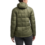 Women’s microdown hooded puffer jacket in olive green, full-zip front, elastic cuffs