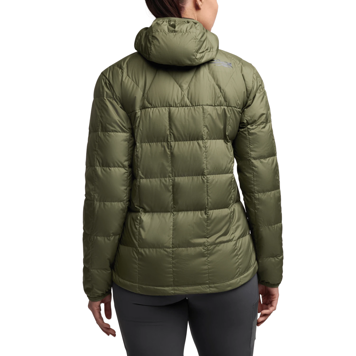 Women’s microdown hooded puffer jacket in olive green, full-zip front, elastic cuffs