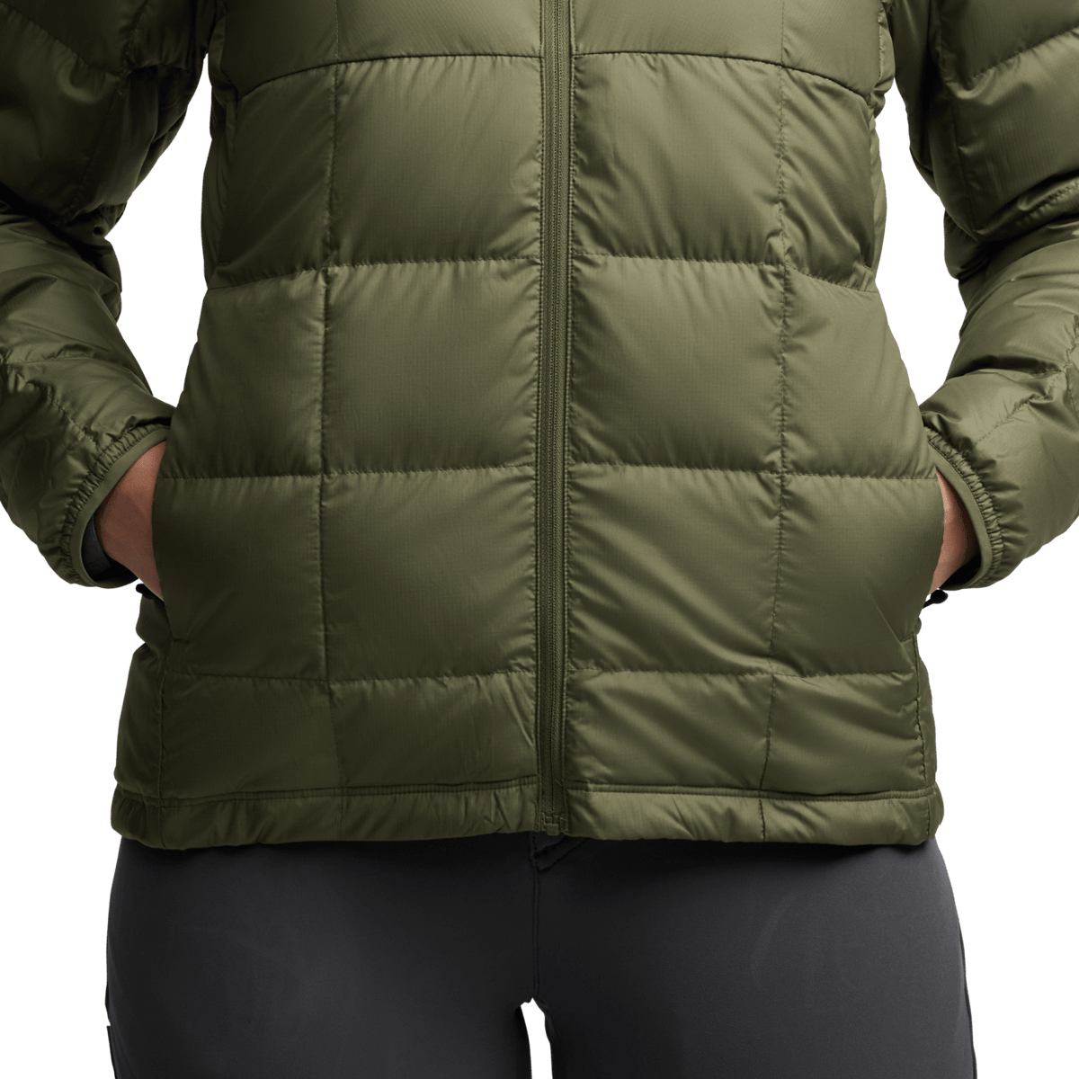 Olive green microdown hooded jacket front panel with horizontal quilting and zipper.