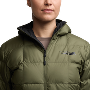 Women’s microdown hooded jacket close-up, olive green full-zip with chest logo