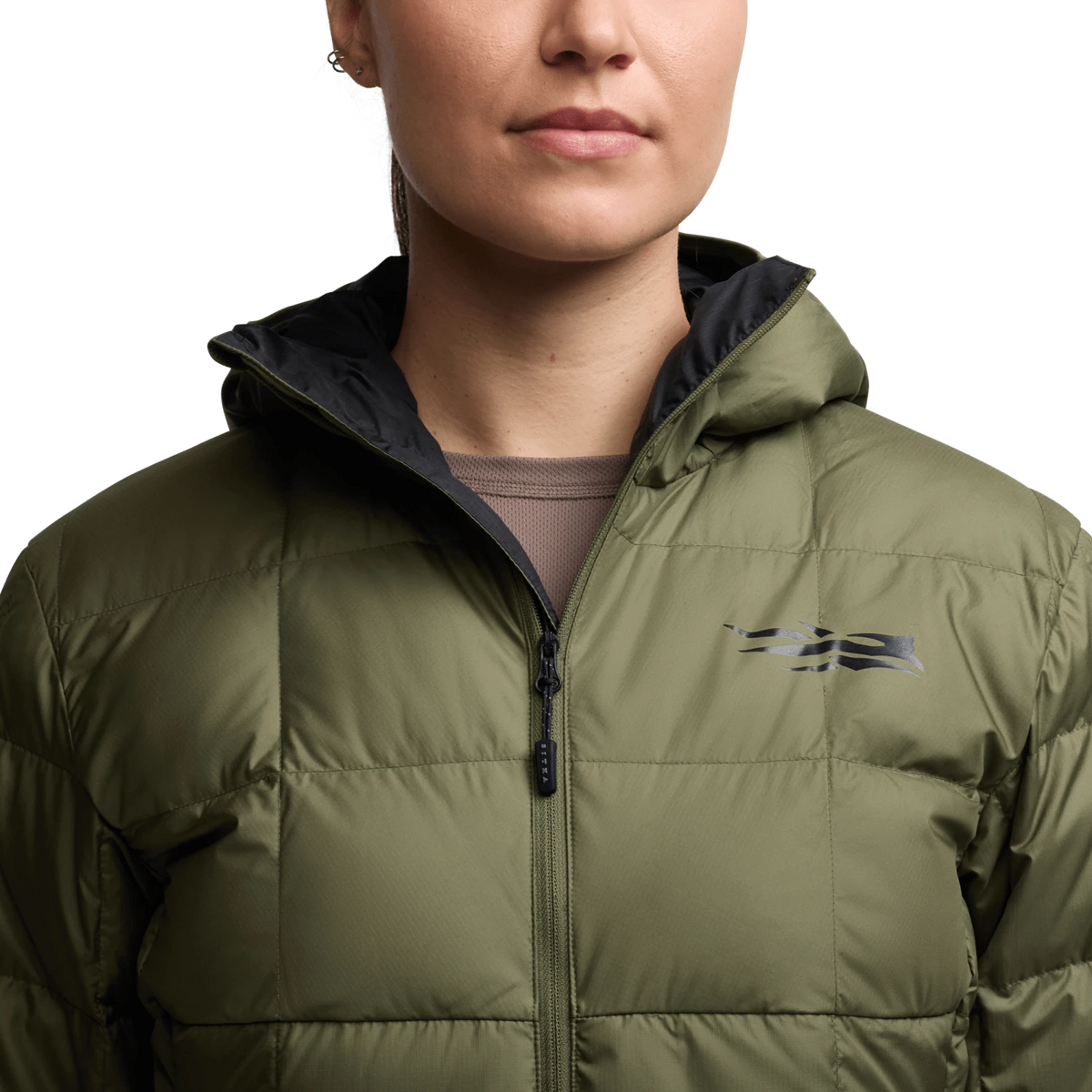 Women’s microdown hooded jacket close-up, olive green full-zip with chest logo