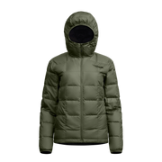 Women’s microdown hooded jacket, olive green full-zip with hood and puffy insulation