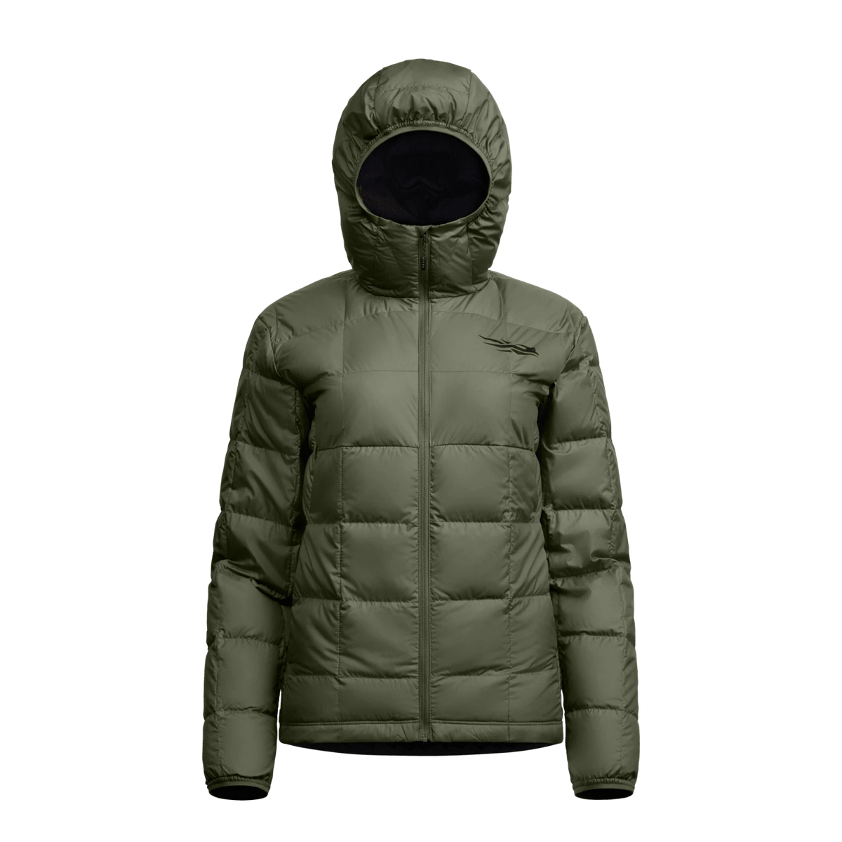 Women’s microdown hooded jacket, olive green full-zip with hood and puffy insulation