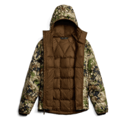 Camouflage microdown hooded puffer jacket with hood, open front showing brown lining