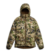 Women’s camouflage hooded microdown jacket with full-zip front and insulated hood.