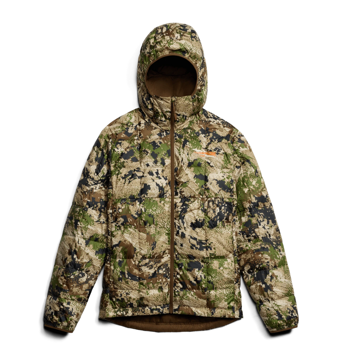 Women’s camouflage hooded microdown jacket with full-zip front and insulated hood.