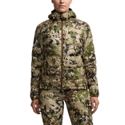 Women’s microdown hooded puffer jacket in camouflage print, front side view