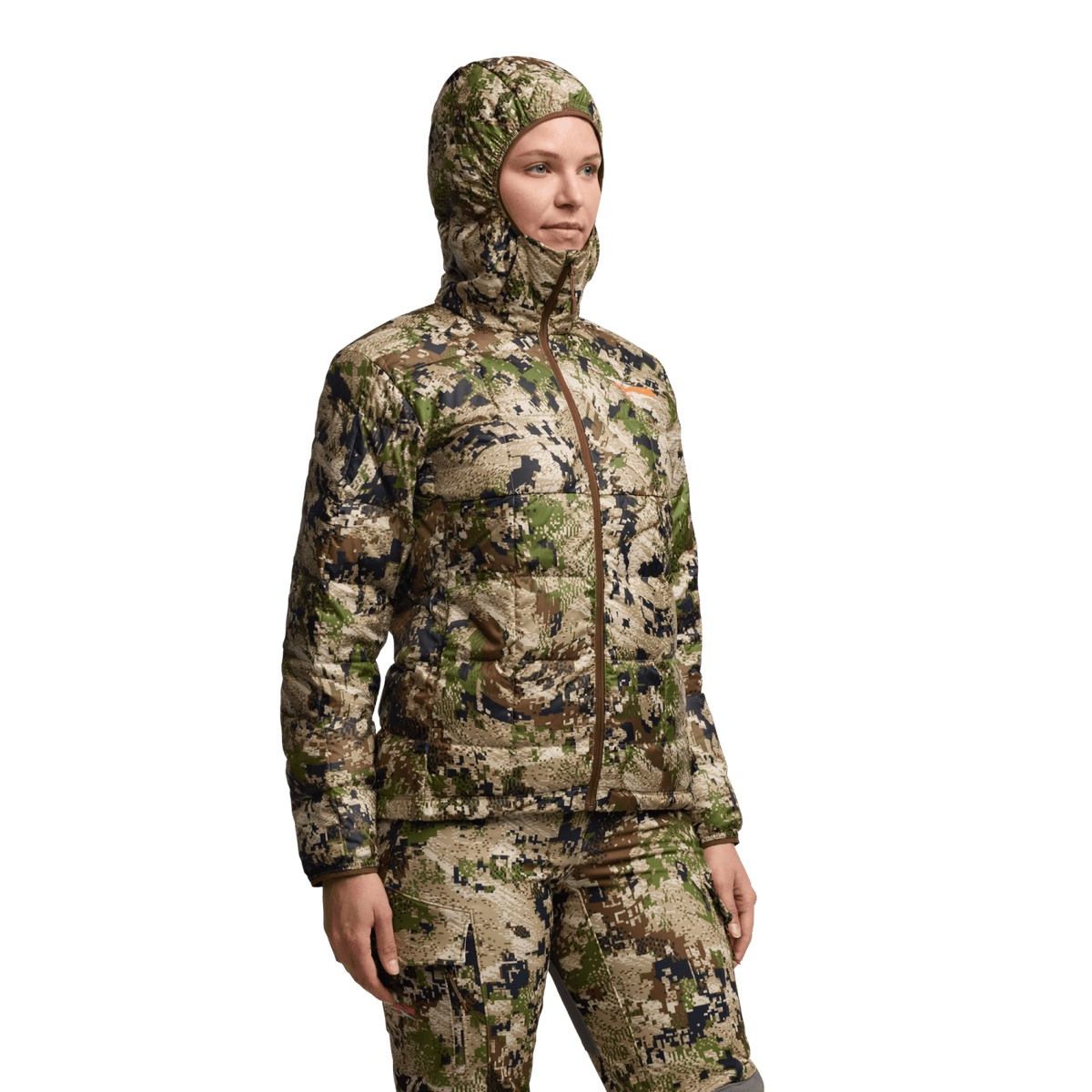 Women’s microdown hooded jacket in camouflage print, worn look with full zipper