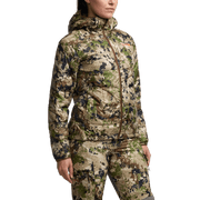 Women’s microdown hooded puffer jacket in camouflage print, front view, full zipper