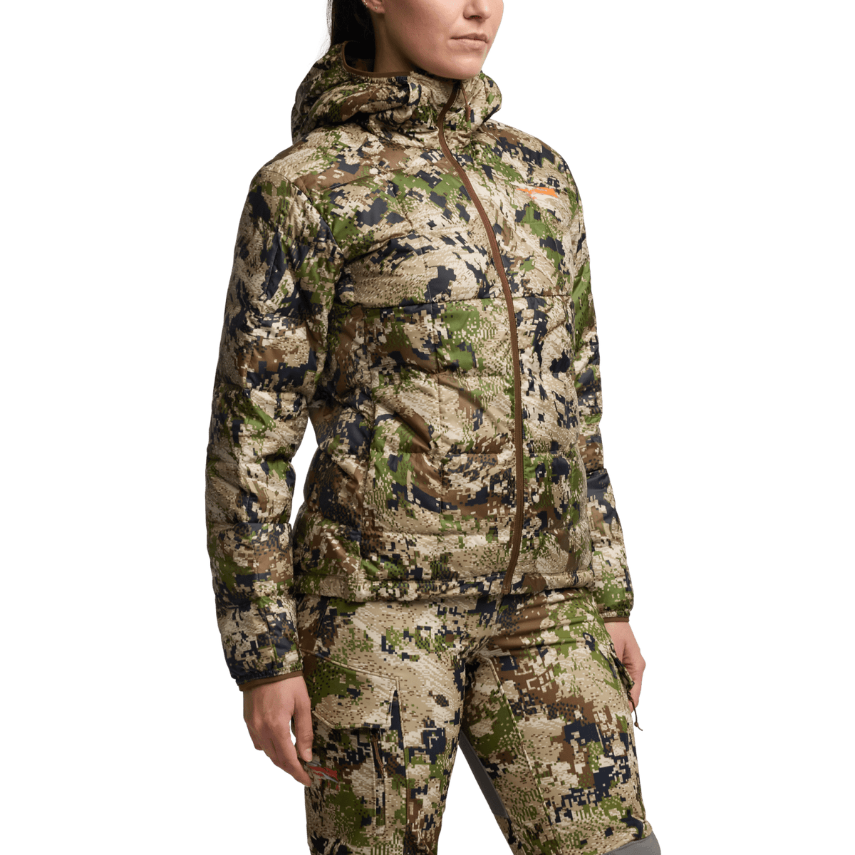 Women’s microdown hooded puffer jacket in camouflage print, front view, full zipper