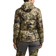 Camouflage hooded microdown jacket with full-zip and quilted design at back.