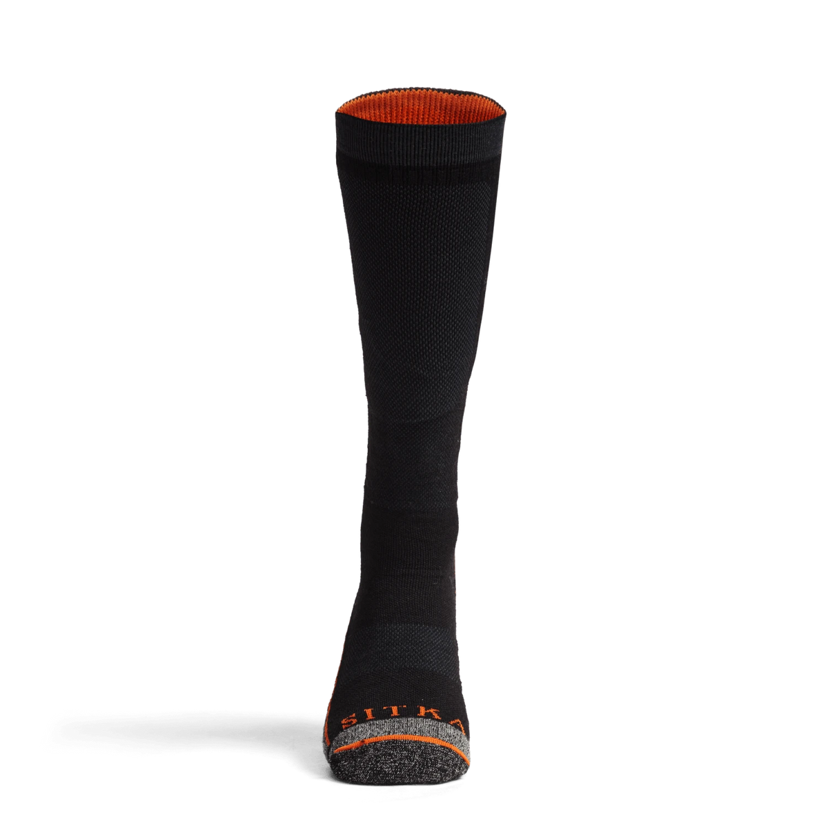 Pair of Deep Lichen mid weight OTC crew socks with orange contrast heel and toe trim