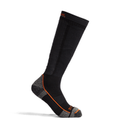 Mid weight OTC crew sock in Sitka Black with orange contrast heel and toe accents