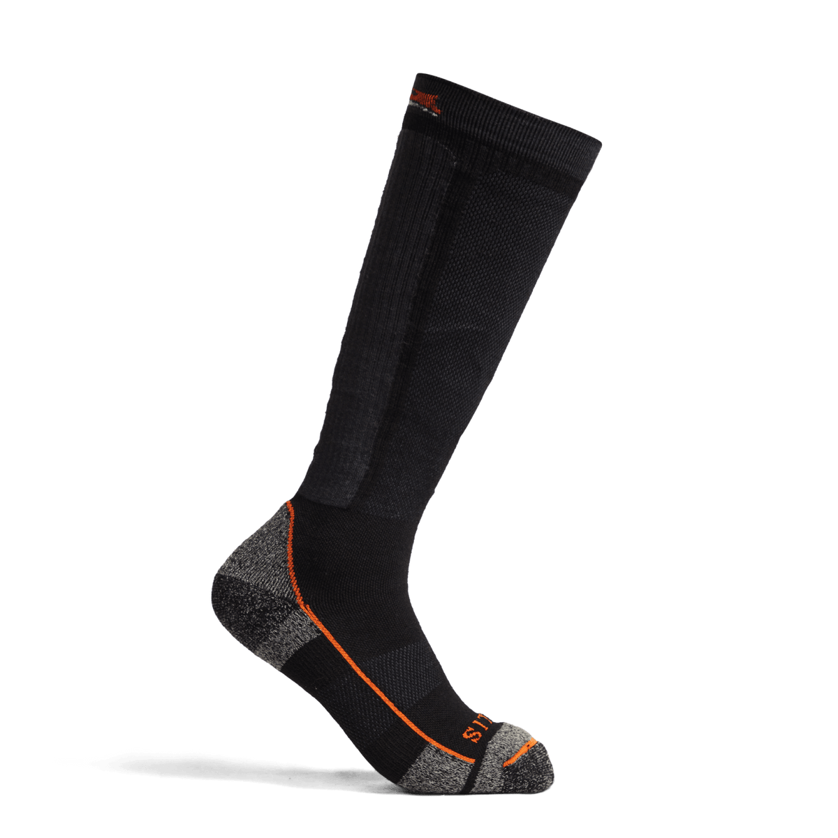 Mid weight OTC crew sock in Sitka Black with orange contrast heel and toe accents