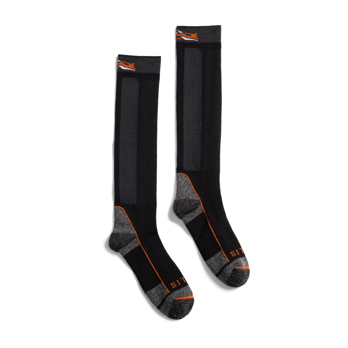 Pair of mid weight OTC crew socks in Sitka Black with orange contrast branding and trim