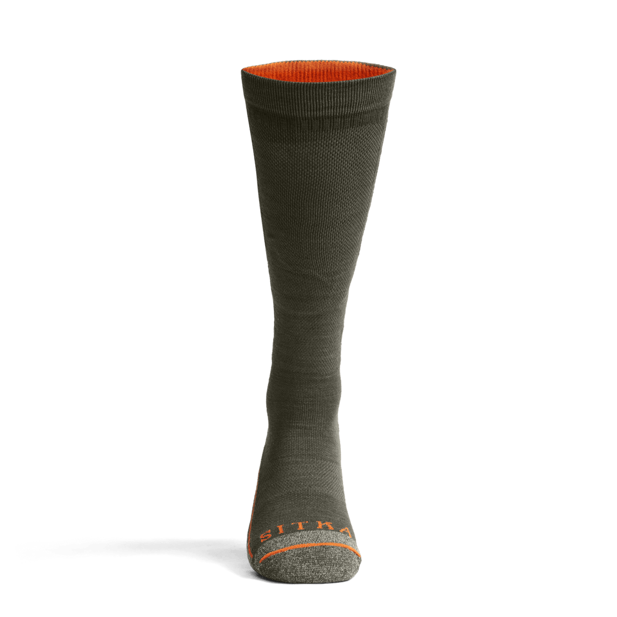 Mid-weight OTC crew sock in olive green with orange top band and toe stitching