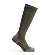 Mid weight OTC crew sock in Deep Lichen with orange contrast heel, toe, and cuff trim