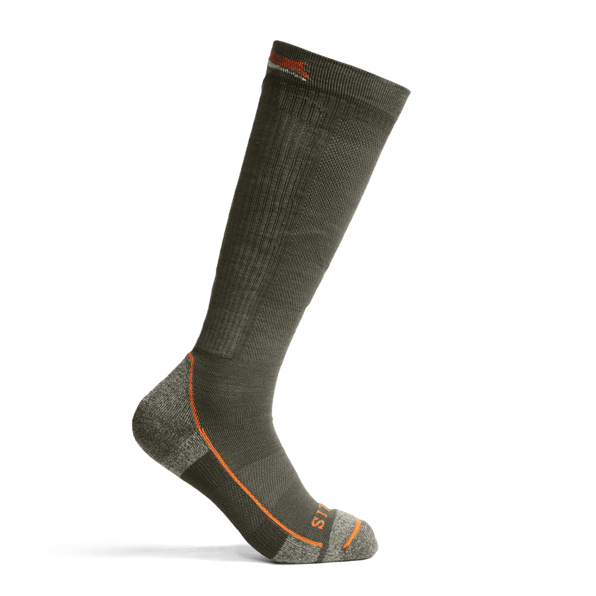 Mid weight OTC crew sock in Deep Lichen with orange contrast heel, toe, and cuff trim