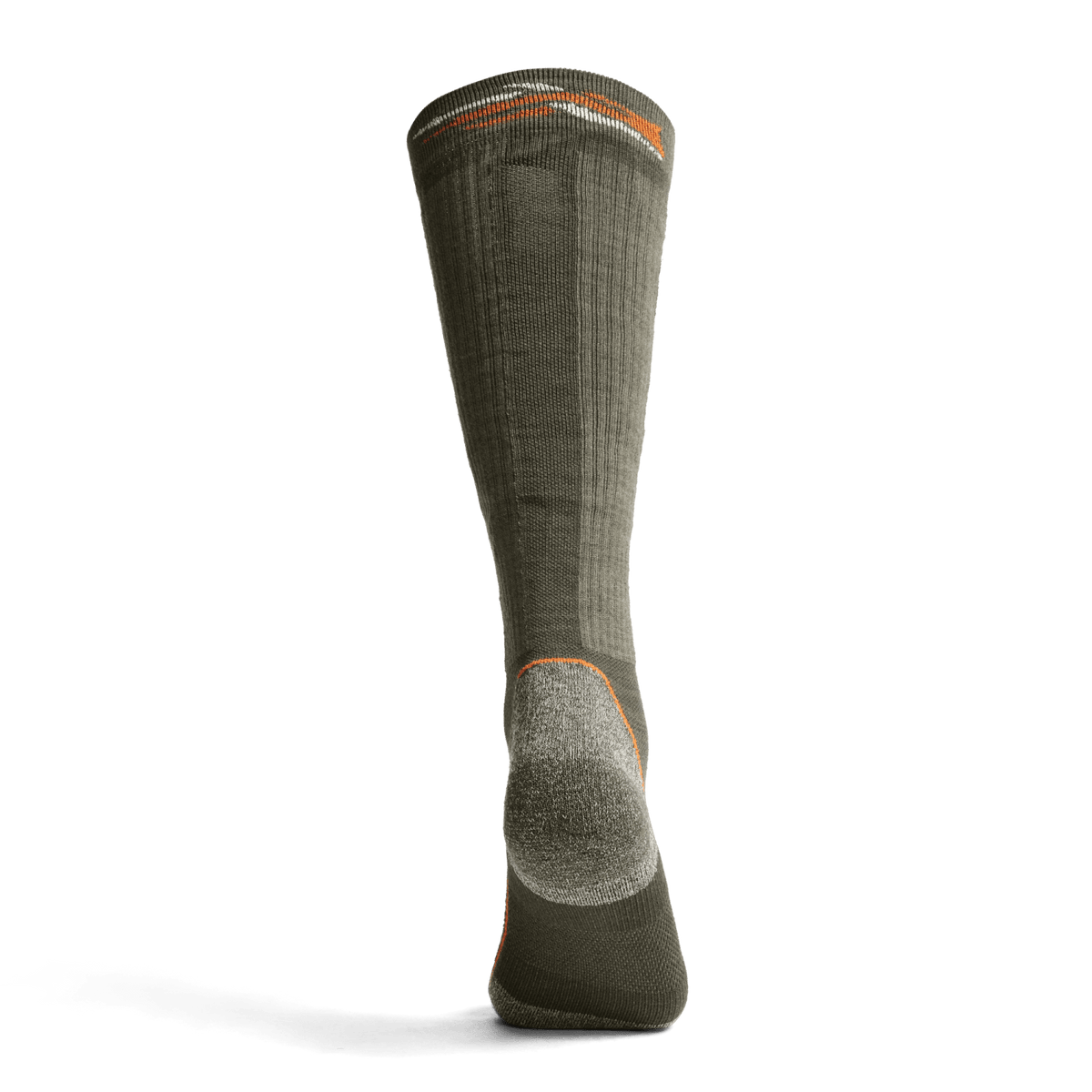 Mid-weight OTC crew sock in olive green with light gray heel panel and orange trim