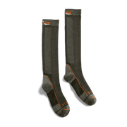 Pair of mid weight OTC crew socks in Deep Lichen with orange contrast branding on toe