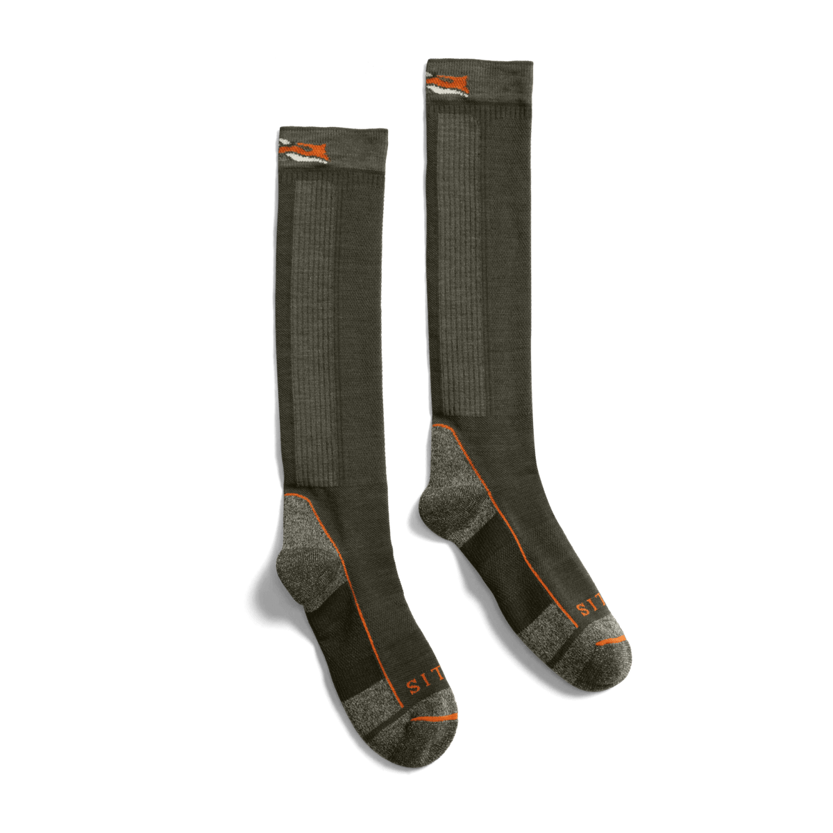 Pair of mid weight OTC crew socks in Deep Lichen with orange contrast branding on toe